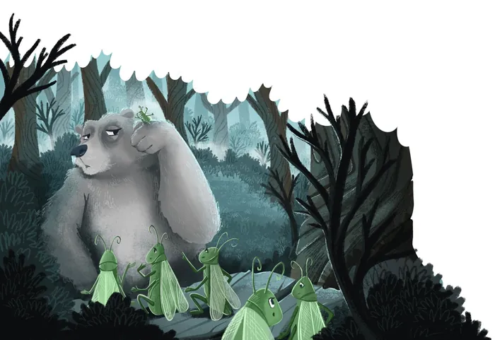 Bear listening to green crickets in a forest clearing