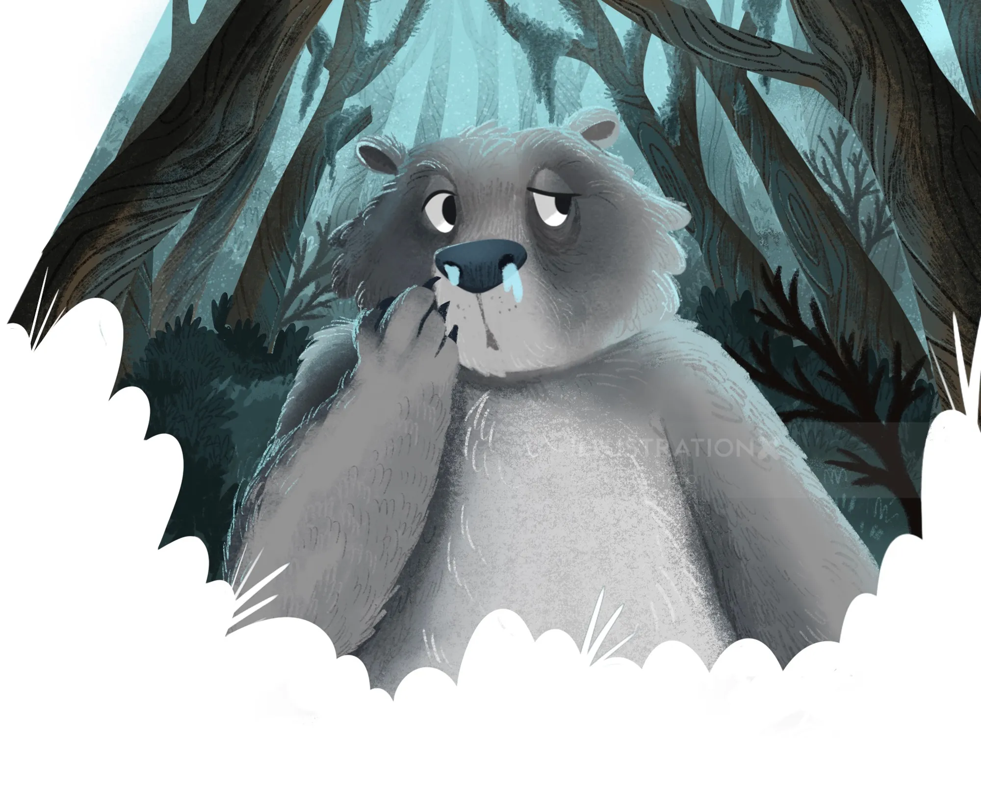 Curious bear thinking in a dark forest scene