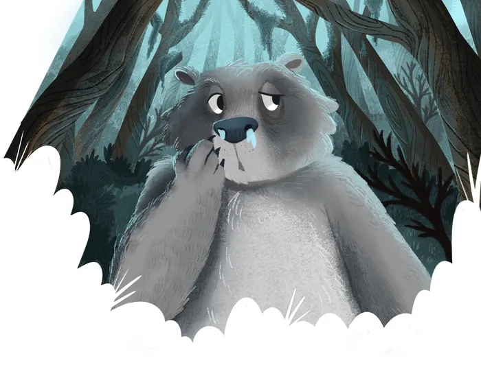Curious bear thinking in a dark forest scene