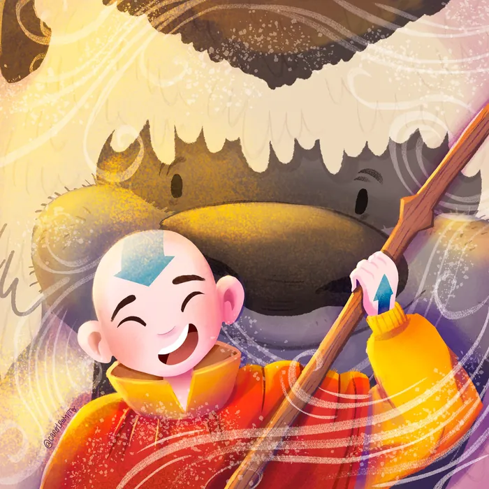 Smiling Aang holding staff with Appa in background artwork