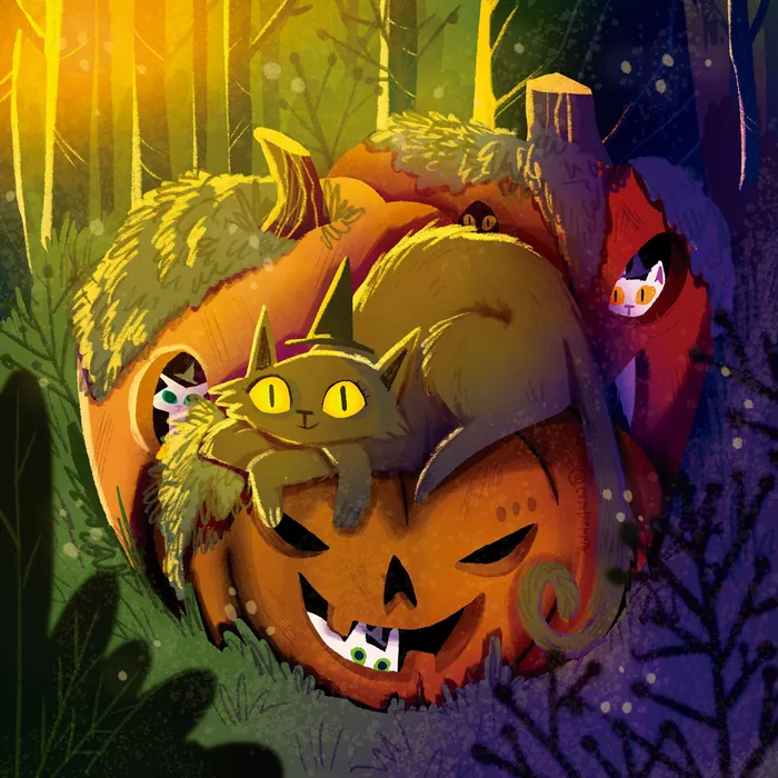 Black cat sitting on a carved pumpkin with candy in a forest