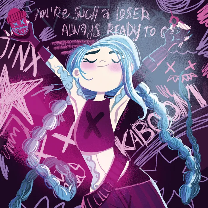 Chibi style Jinx with blue braids and graffiti background