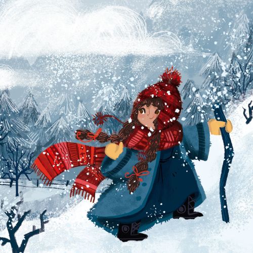 Little girl in winter clothes walking through snowy village