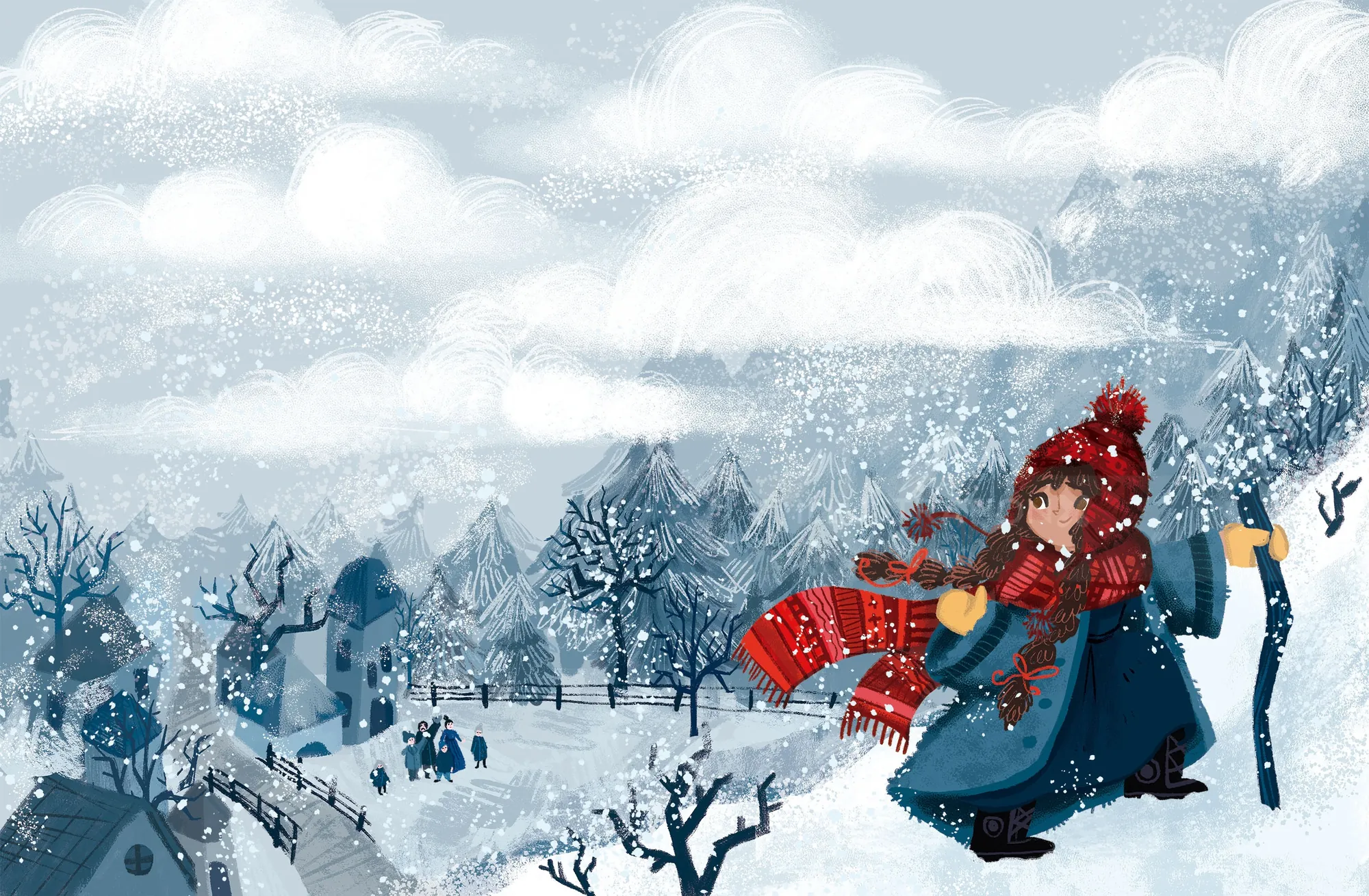 Little girl in winter clothes walking through snowy village