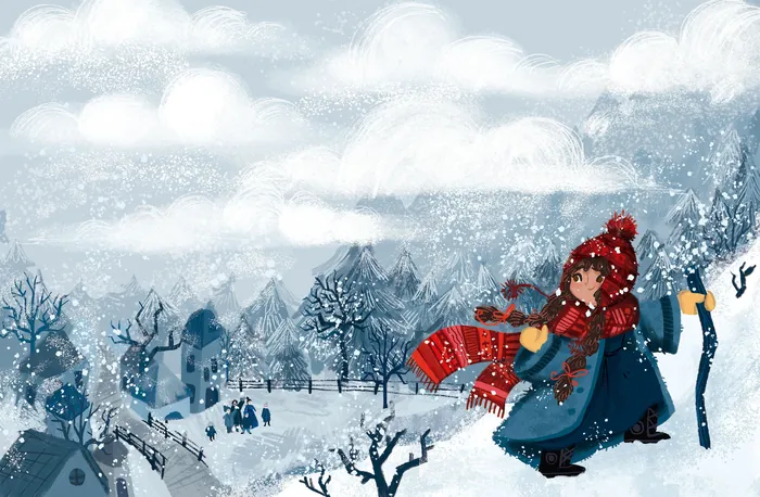 Little girl in winter clothes walking through snowy village