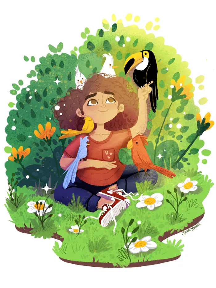 Child whispering to colorful birds in lush green garden