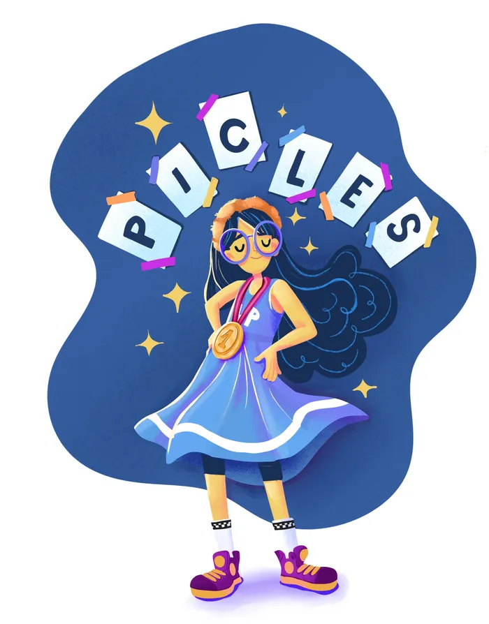 Illustration of a girl with glasses and headphones holding letters spelling 'PICLES'