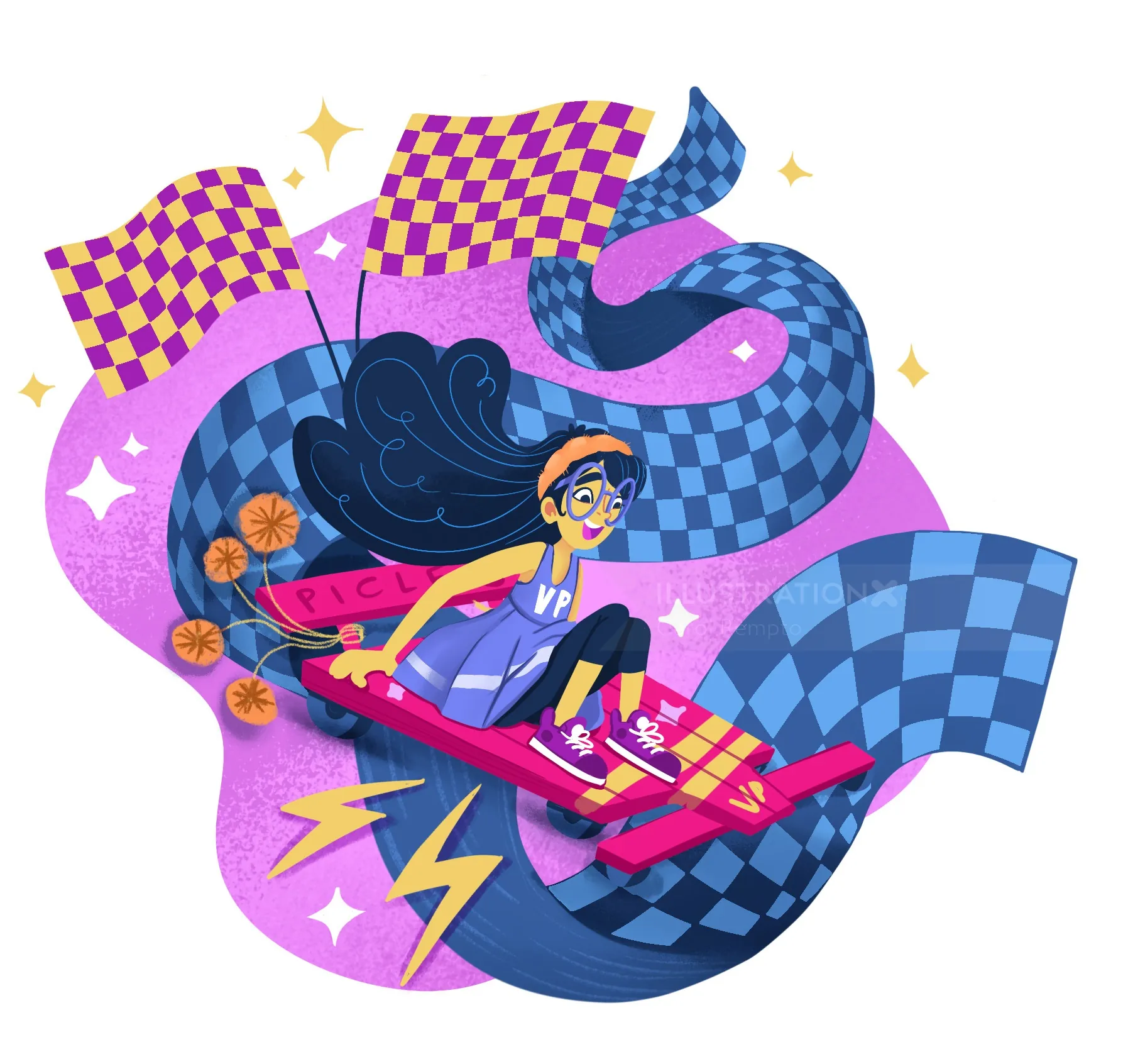 Girl riding a colorful rocket with checkered flags and sparkles