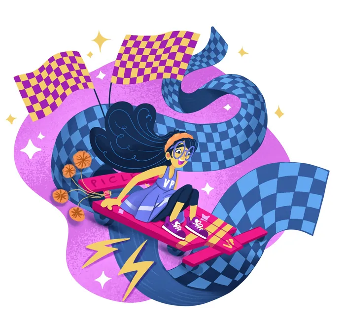 Girl riding a colorful rocket with checkered flags and sparkles