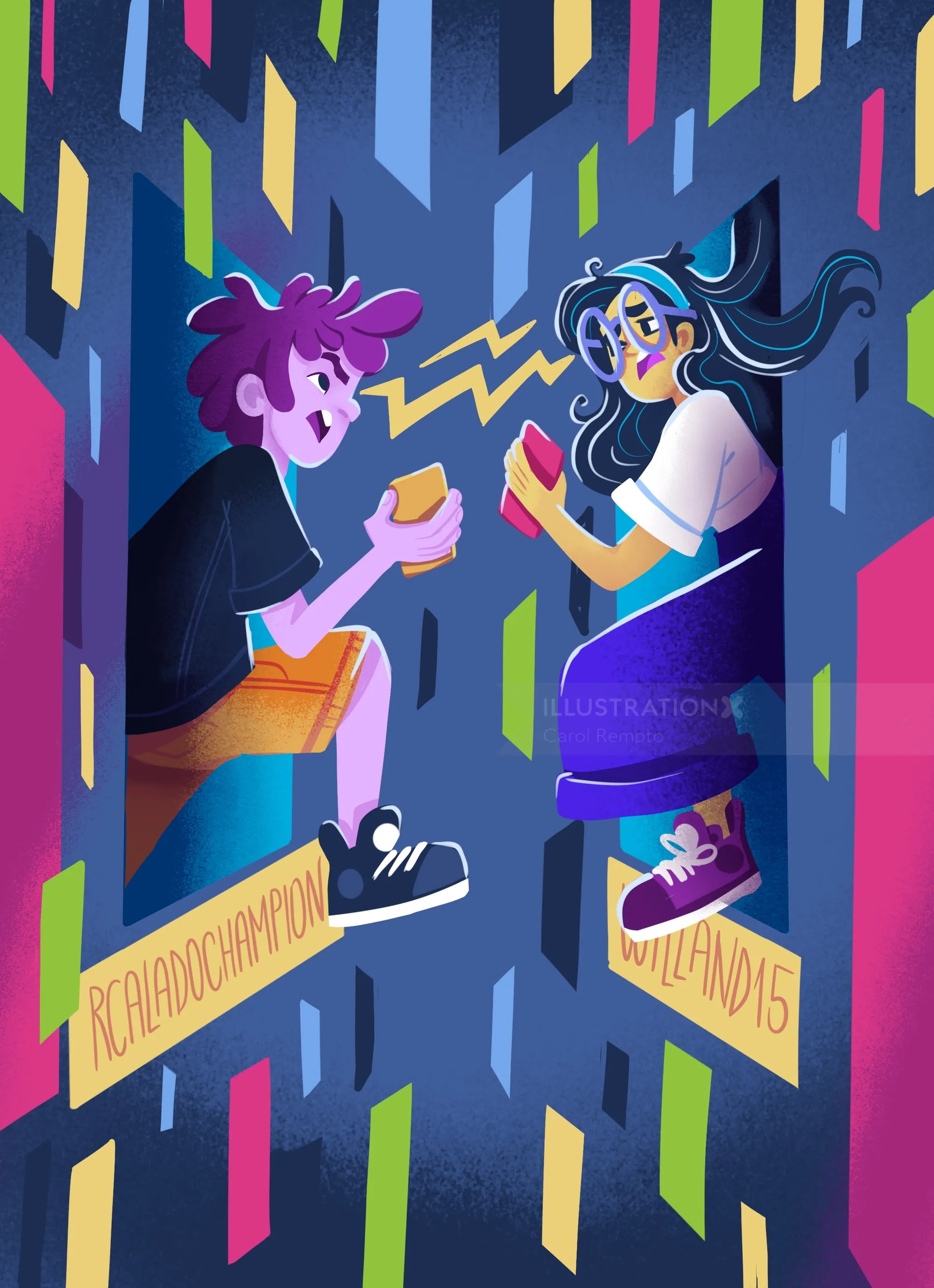 Colorful illustration of two characters interacting in a vibrant cityscape