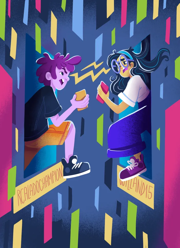 Colorful illustration of two characters interacting in a vibrant cityscape