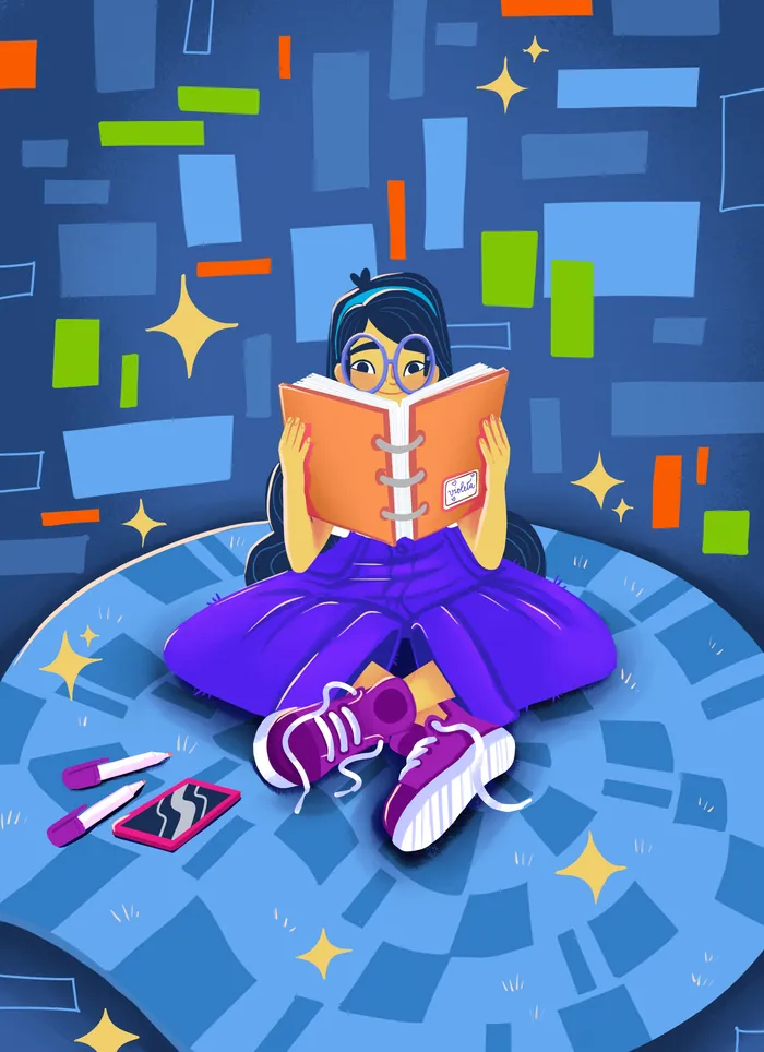 Girl reading book on patterned floor surrounded by abstract shapes