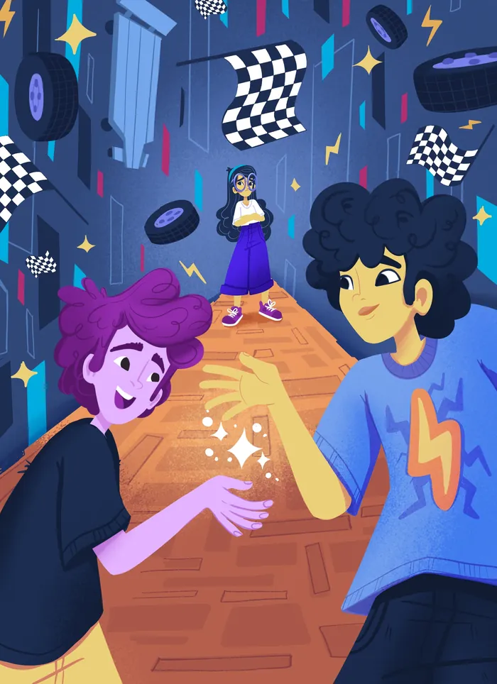 Two animated boys exchanging sparkles with a girl and racing flags in background