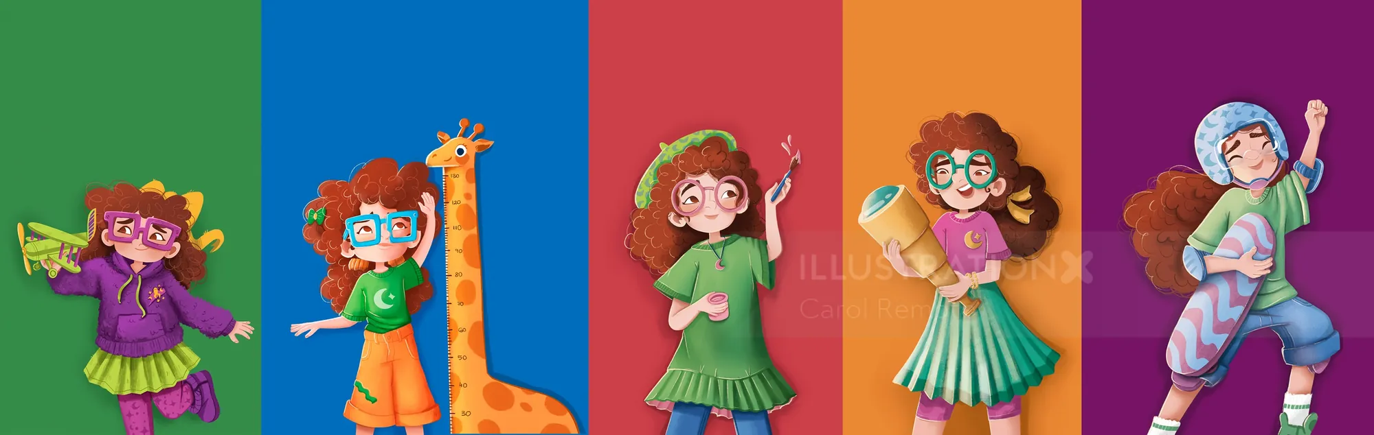 Illustration of a girl growing up from childhood to adulthood in colorful panels