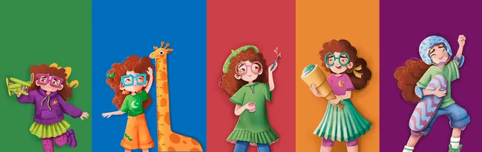 Illustration of a girl growing up from childhood to adulthood in colorful panels