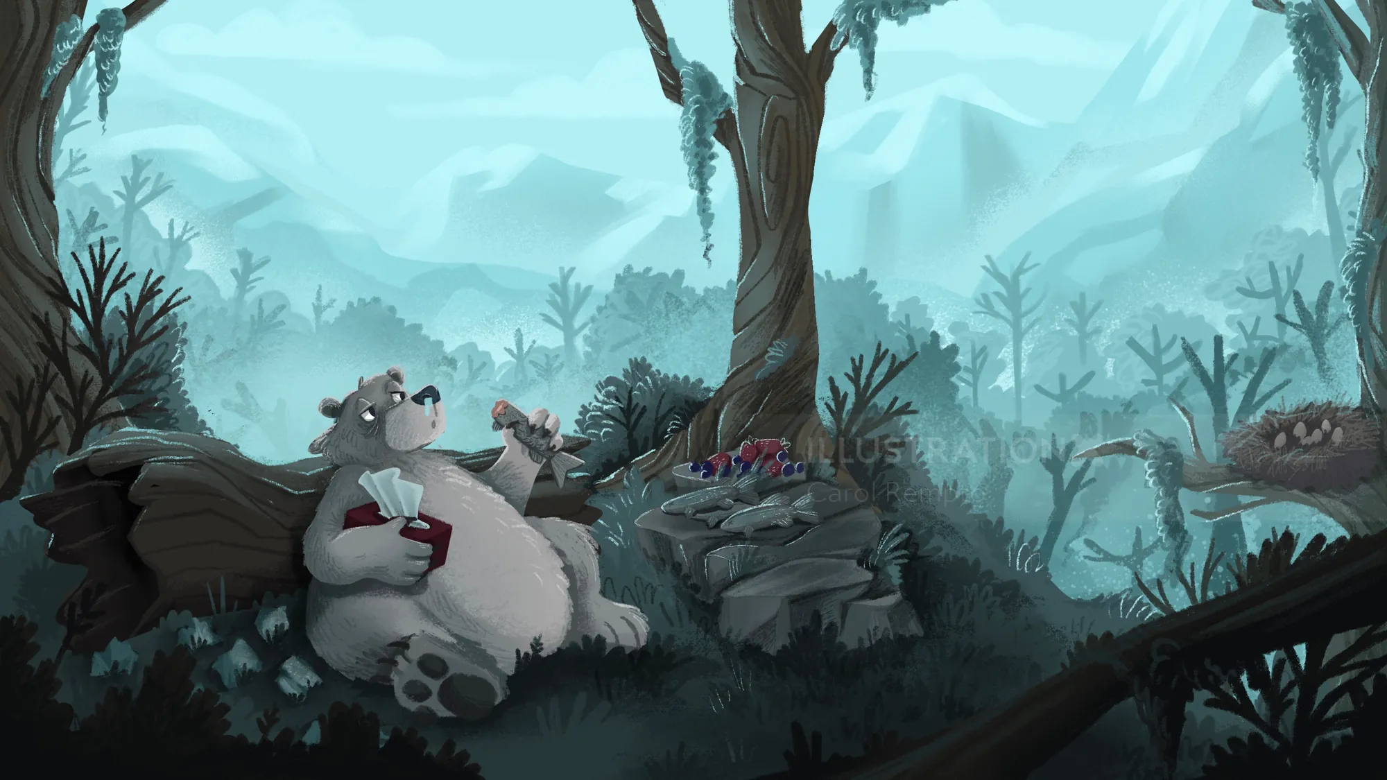 Bear reading book in forest with lurking crocodile