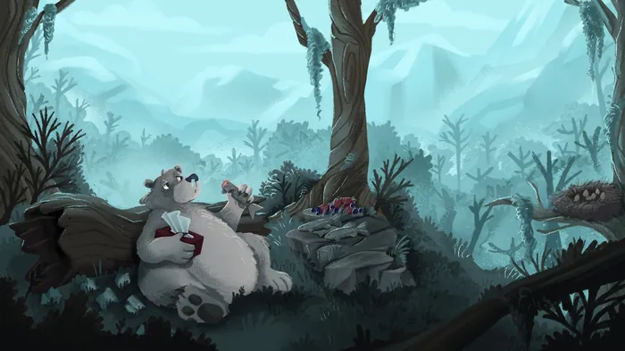 Bear reading book in forest with lurking crocodile