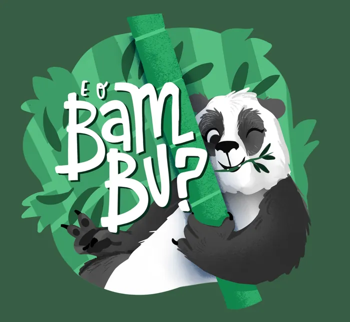 Panda hugging bamboo with Portuguese text on green background