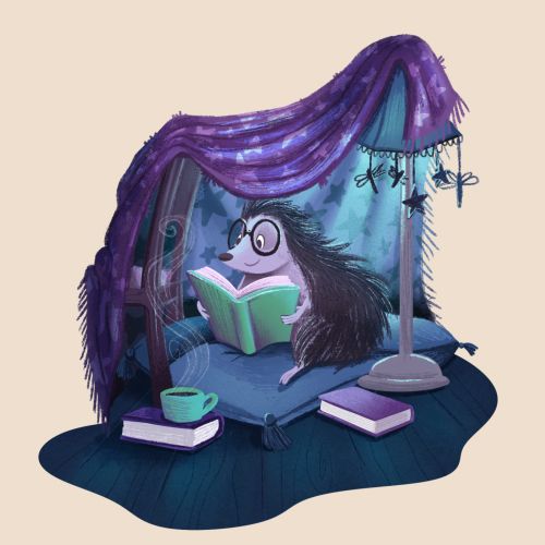 Hedgehog wearing glasses reading a book under a cozy purple blanket