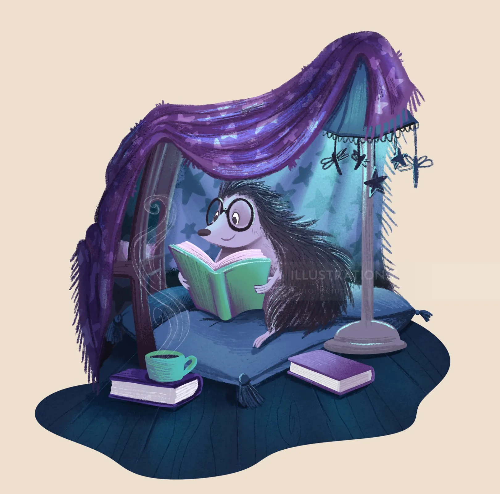 Hedgehog wearing glasses reading a book under a cozy purple blanket