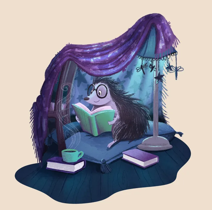 Hedgehog wearing glasses reading a book under a cozy purple blanket