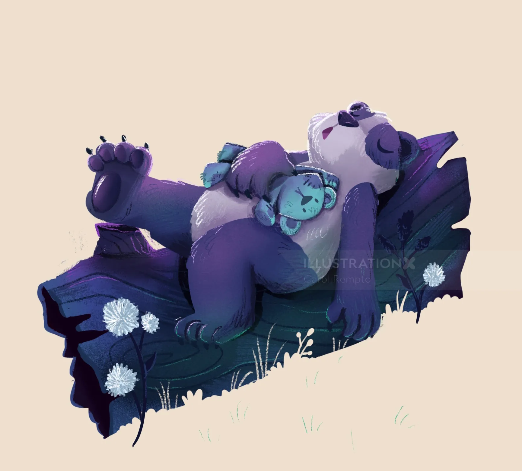 Sleeping panda bear hugging a small blue butterfly on a log