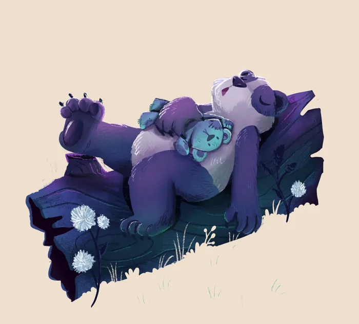 Sleeping panda bear hugging a small blue butterfly on a log