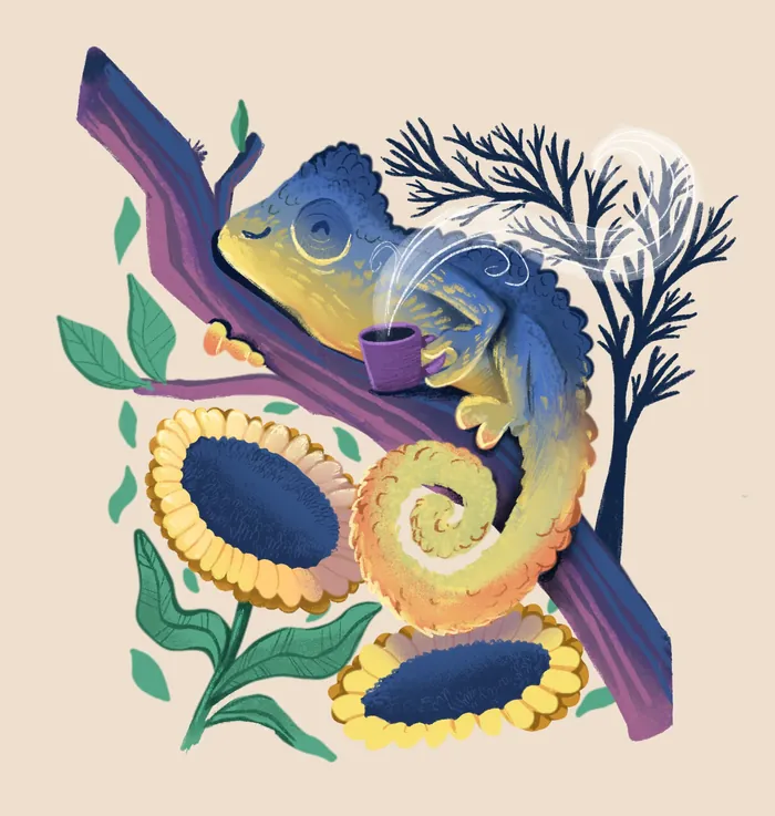 Colorful chameleon resting on branch with sunflowers and tree