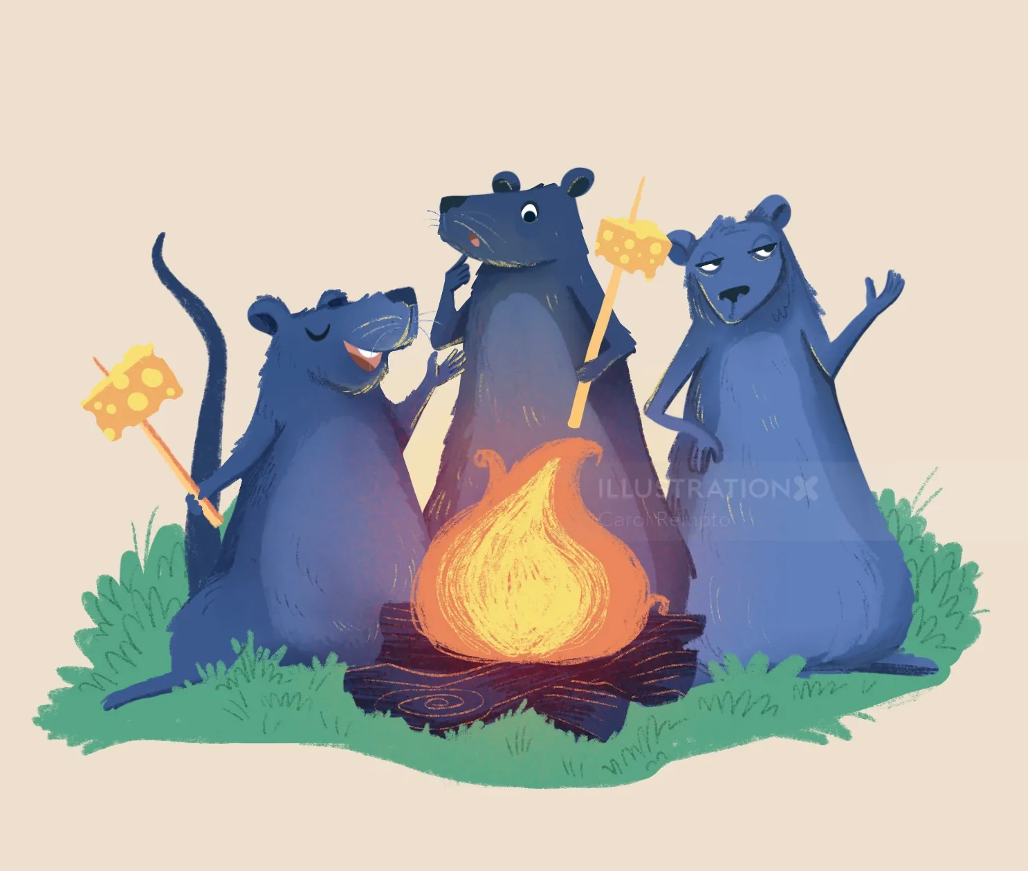 Three blue rats roasting cheese over a campfire outdoors