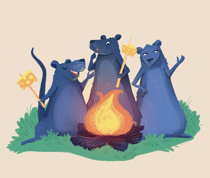 Three blue rats roasting cheese over a campfire outdoors