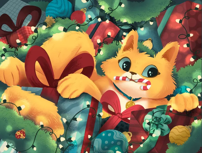 Cute orange cat playing with Christmas decorations and candy cane