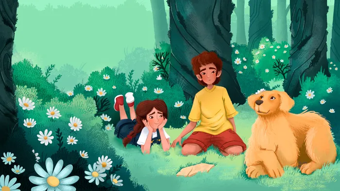 Girl and boy with a dog sitting and lying in a flower-filled forest