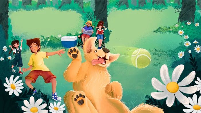 Children playing fetch with a happy dog in a grassy park