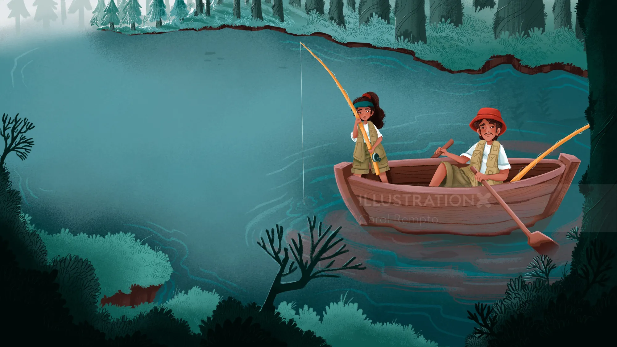 Father and daughter fishing together in a small boat on foggy lake