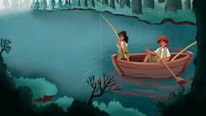 Father and daughter fishing together in a small boat on foggy lake