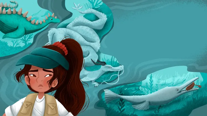 Girl imagining lake monster with large serpent-like creature underwater