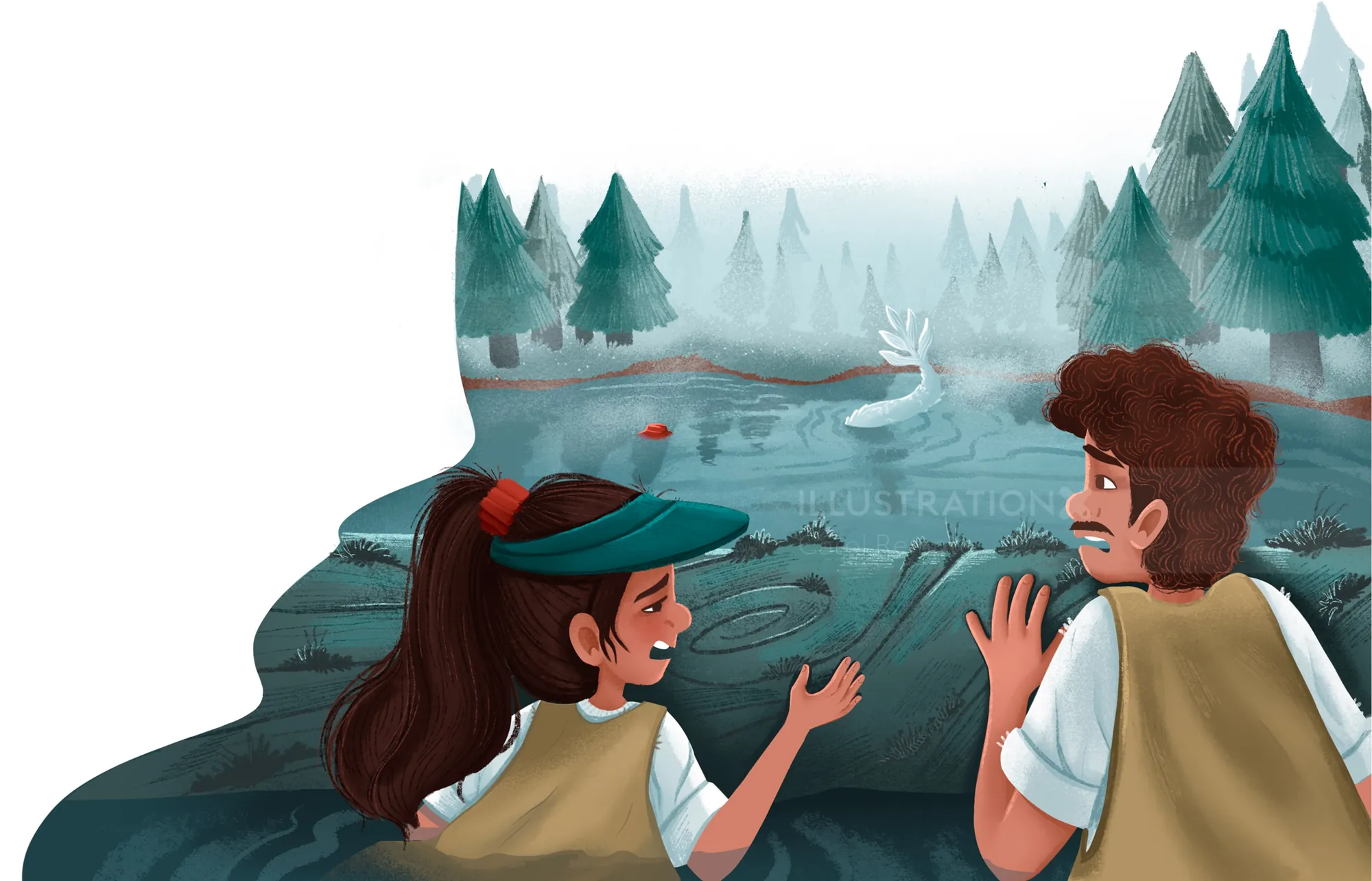 Daughter and father scared by lake monster in forested lake