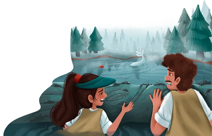 Daughter and father scared by lake monster in forested lake