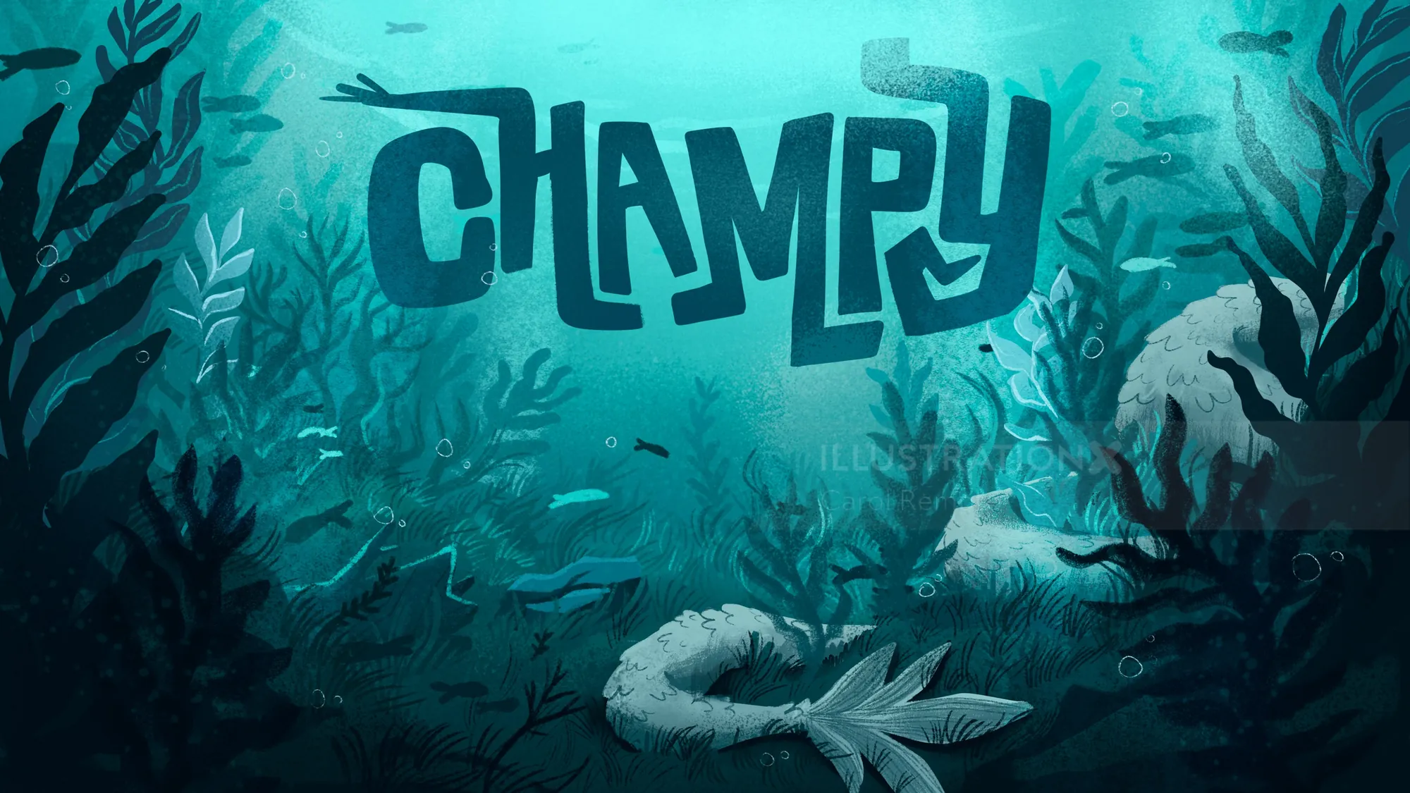 Underwater scene with Champy monster's tail and aquatic plants