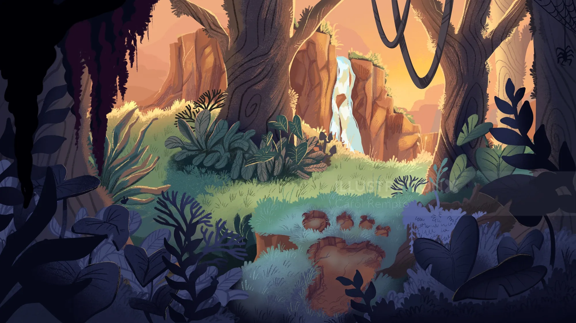 Forest clearing with waterfall and footprints in foreground