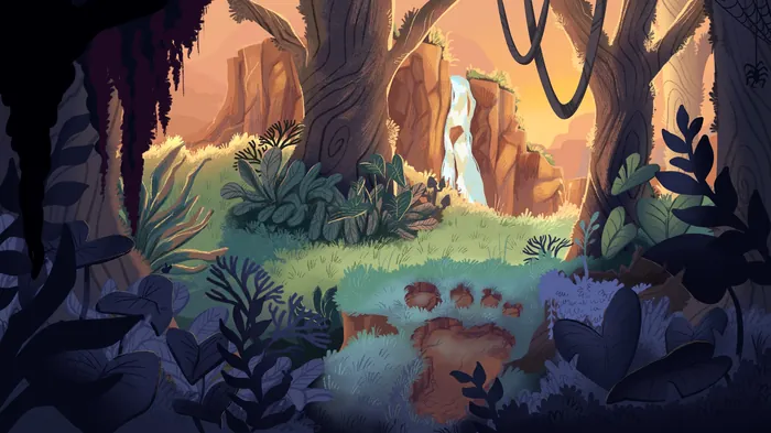 Forest clearing with waterfall and footprints in foreground