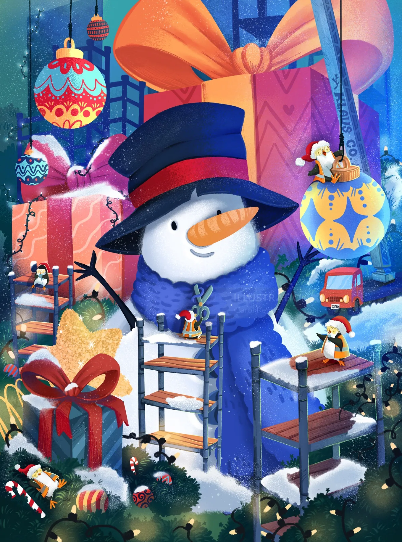 Snowman with penguins decorating Christmas presents and tree by Carol Rempto