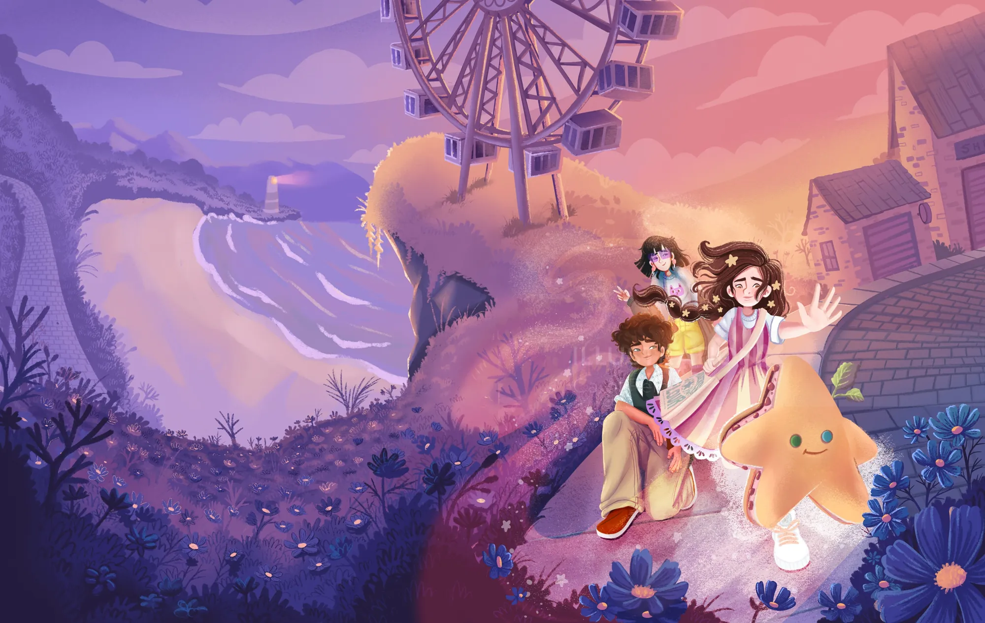 Children and star creature near cliff and ferris wheel at sunset by Carol Rempto