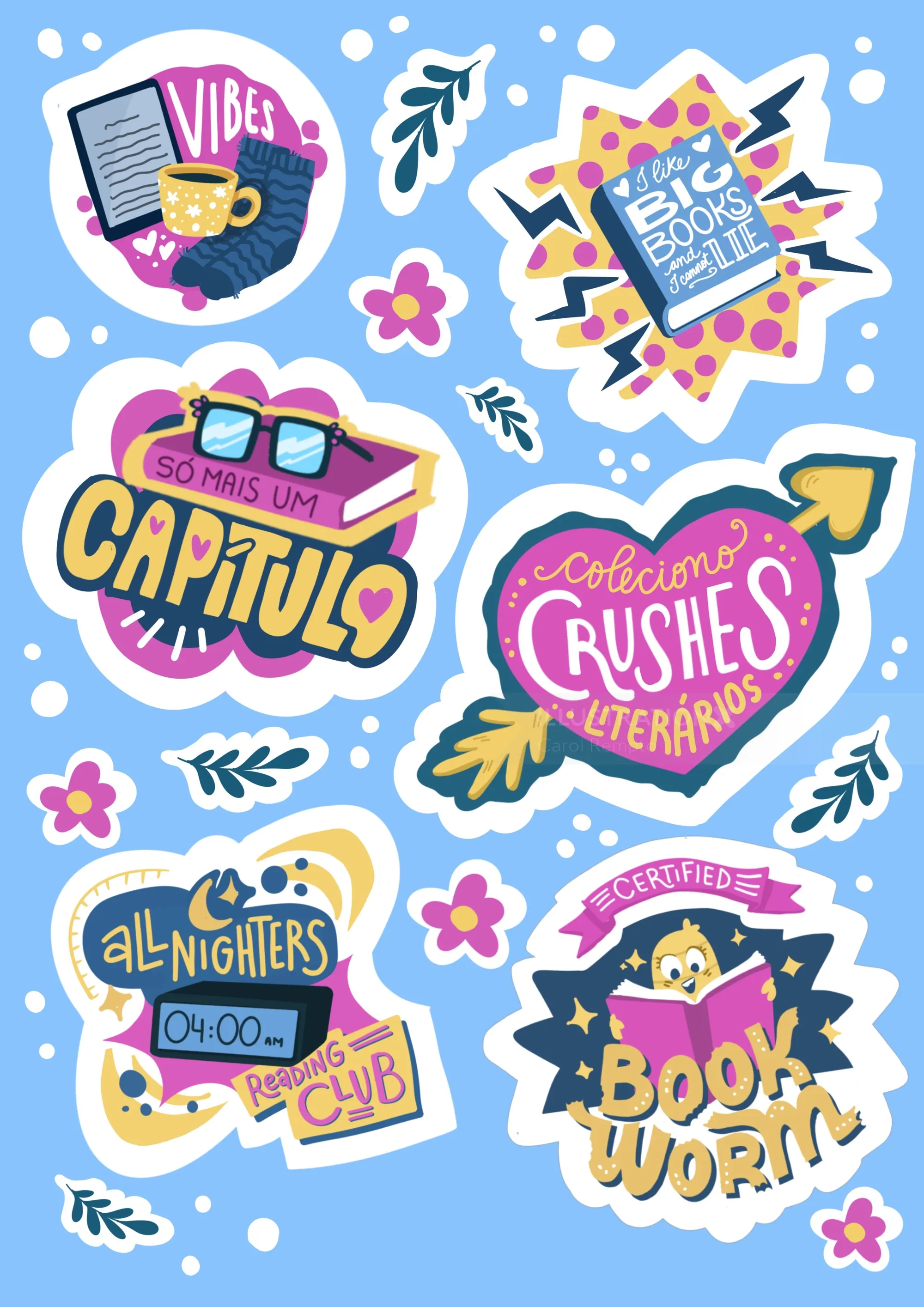 Illustration of colorful literary-themed stickers by Carol Rempto