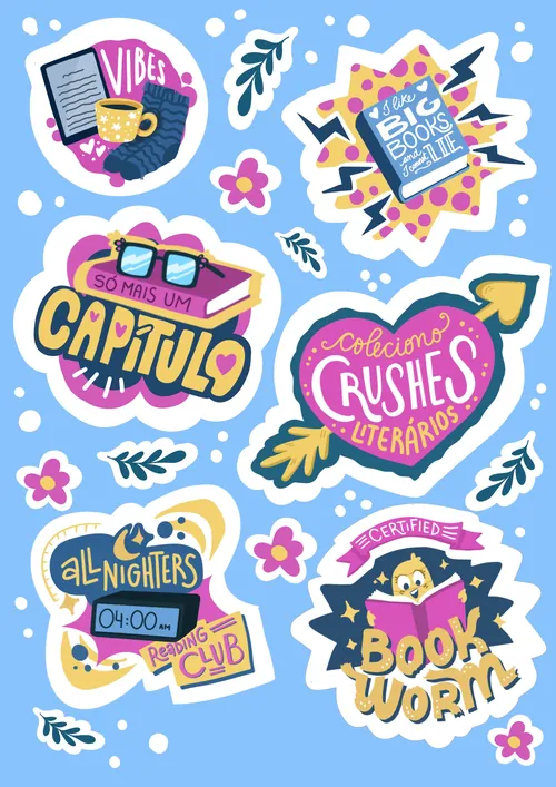Illustration of colorful literary-themed stickers by Carol Rempto