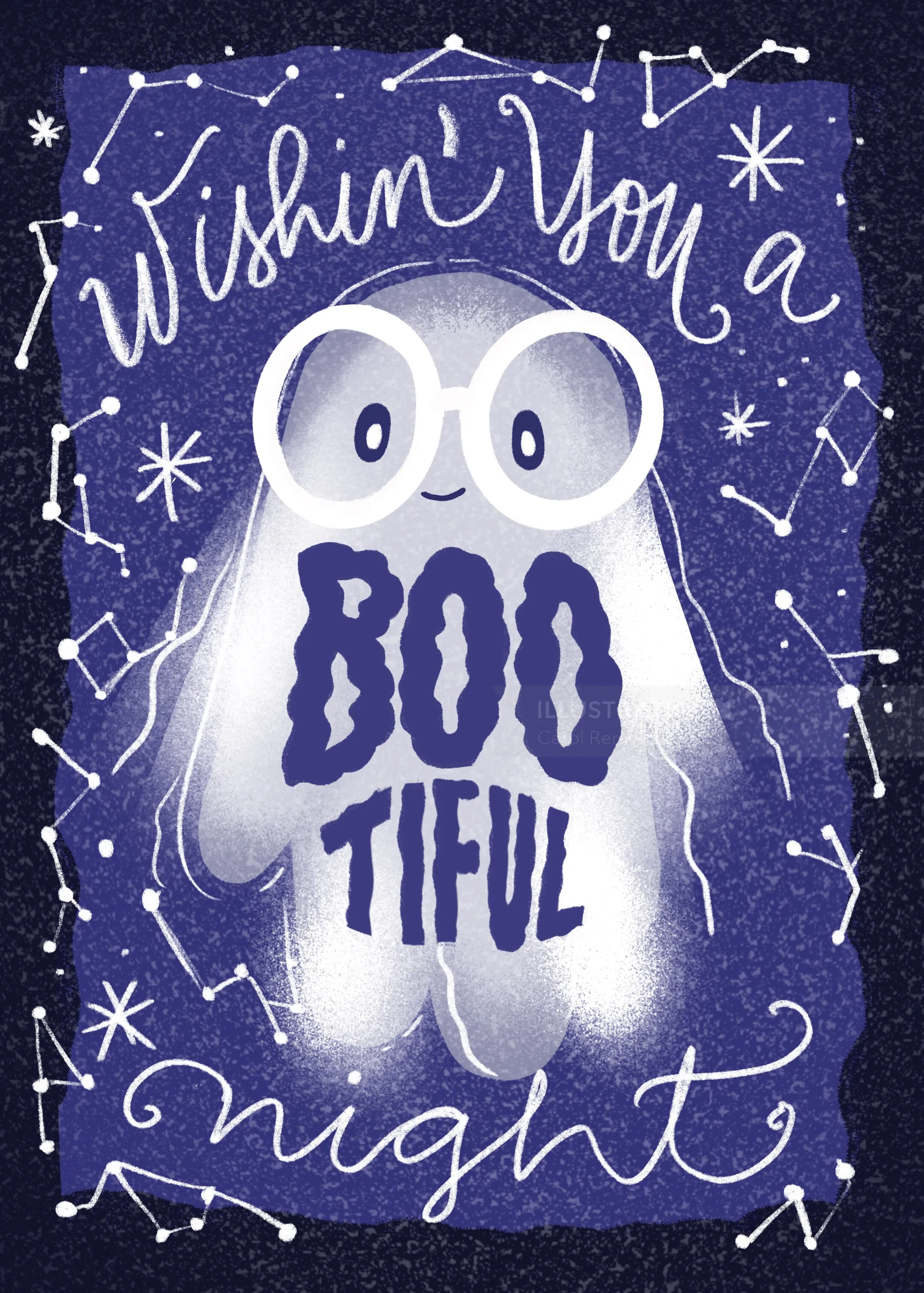 Halloween ghost card saying 'Wishing you a Boo Tiful night' by Carol Rempto