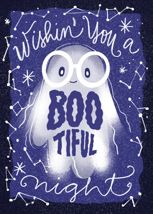 Halloween ghost card saying 'Wishing you a Boo Tiful night' by Carol Rempto