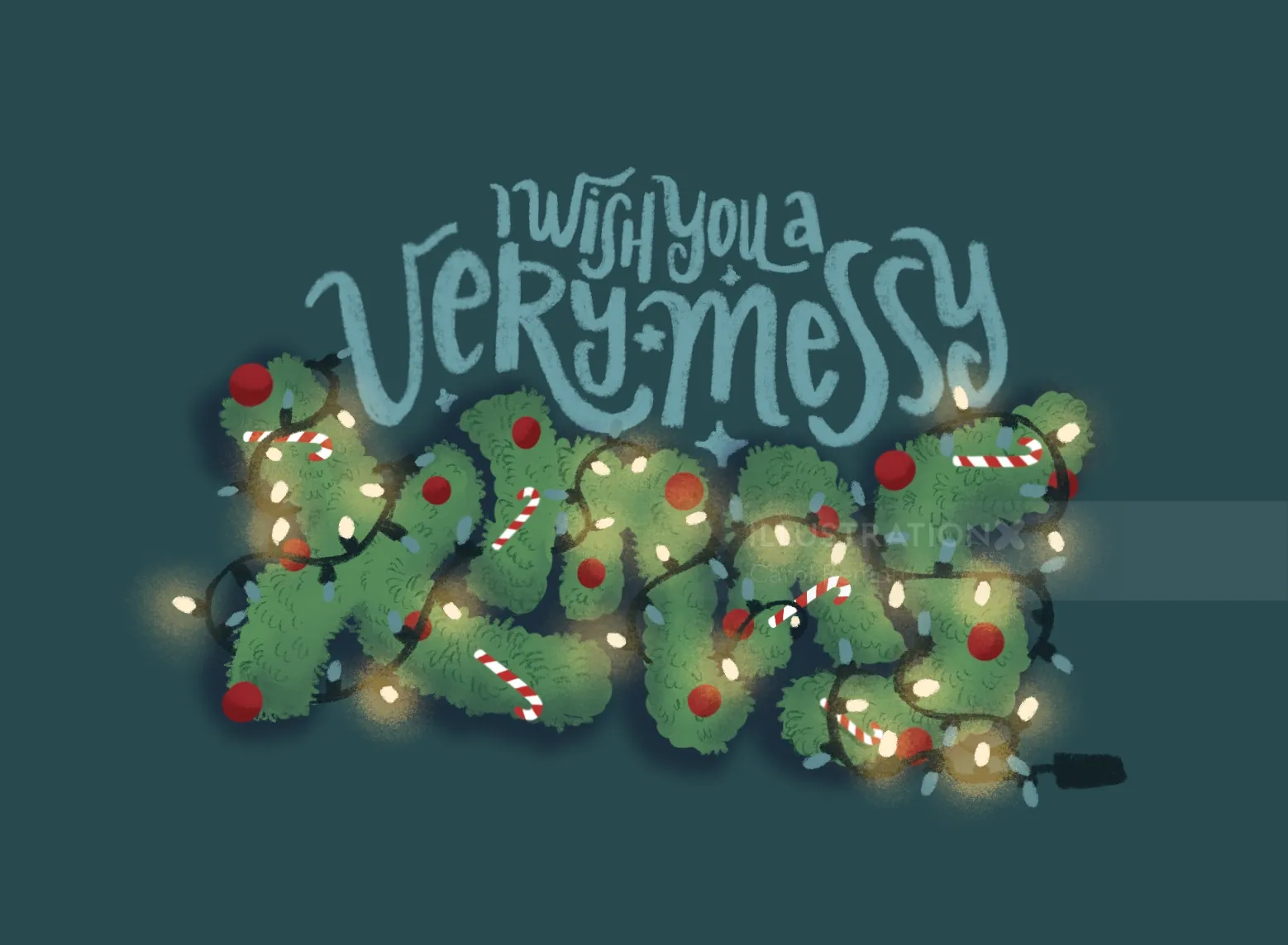Christmas lights decorating greenery spelling Christmas words by Carol Rempto