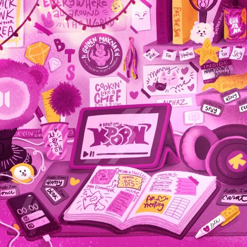 Kpop-inspired bedroom scene with posters and open book by Carol Rempto