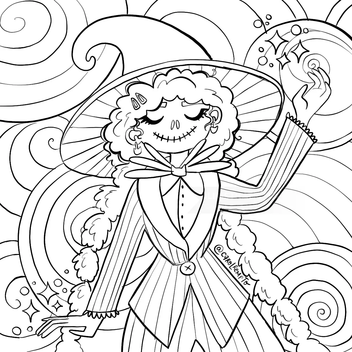 Whimsical skeleton woman in striped suit and hat with swirling patterns by Carol Rempto